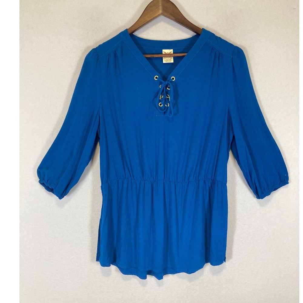 Boho Faded Glory Women L 12-14 Blue Lace Up V-Neck 3/4 Sleeve Peplum Tunic Top